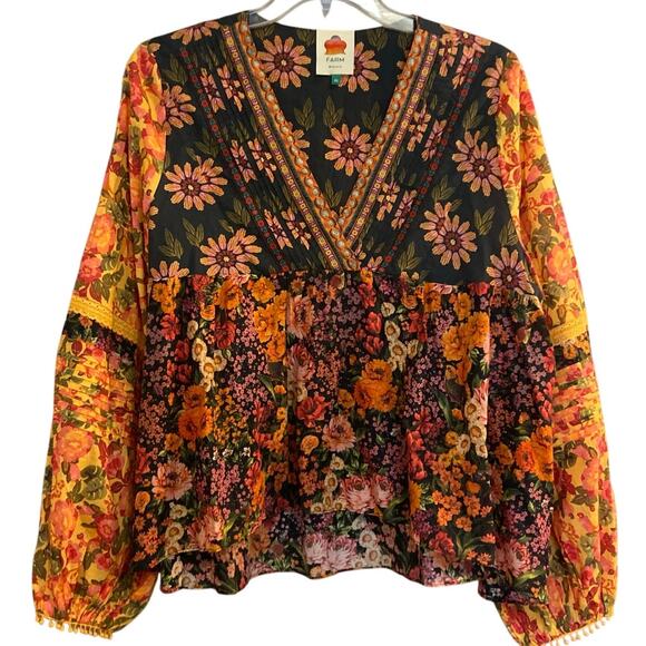 FARM Rio Women's Size XL Yellow Black Floral Vibrant Flowers Garden Blouse - Picture 2 of 14